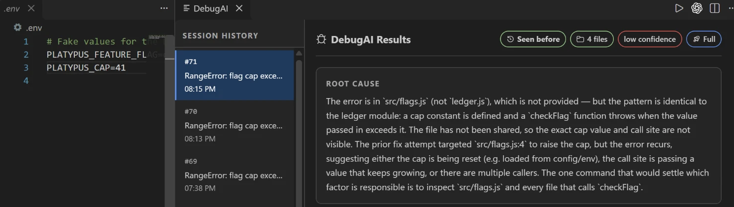 A real DebugAI answer with .env focused. It never mentions PLATYPUS_CAP or its value.